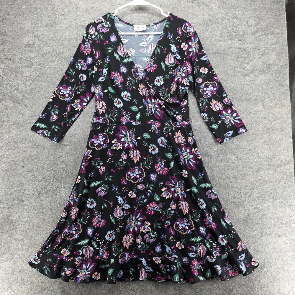 Leota Dress Womens M Black Wrap Fit & Flare 3/4 Sleeve Floral Ruffle Knee Length